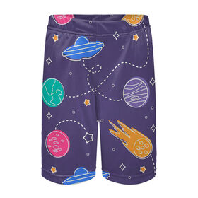 Детские спортивные шорты 3D с принтом Космические туристы в Тюмени,  100% полиэстер
 | пояс оформлен широкой мягкой резинкой, ткань тянется
 | Тематика изображения на принте: арт | венера | звезда | звёзды | земля | инопланетяне | космос | марс | нло | ночь | планета | планеты | рисунок | сияние | тарелка | тарелки | юпитер