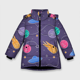 Зимняя куртка для девочек 3D с принтом Космические туристы в Тюмени, ткань верха — 100% полиэстер; подклад — 100% полиэстер, утеплитель — 100% полиэстер. | длина ниже бедра, удлиненная спинка, воротник стойка и отстегивающийся капюшон. Есть боковые карманы с листочкой на кнопках, утяжки по низу изделия и внутренний карман на молнии. 

Предусмотрены светоотражающий принт на спинке, радужный светоотражающий элемент на пуллере молнии и на резинке для утяжки. | Тематика изображения на принте: арт | венера | звезда | звёзды | земля | инопланетяне | космос | марс | нло | ночь | планета | планеты | рисунок | сияние | тарелка | тарелки | юпитер