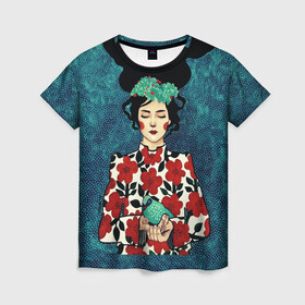 Женская футболка 3D с принтом Самоцветная девушка в Тюмени, 100% полиэфир ( синтетическое хлопкоподобное полотно) | прямой крой, круглый вырез горловины, длина до линии бедер | flowers | girl | венок | девушка | лилии | одуванчики | птичка | ромашки | синичка | узор | цветы