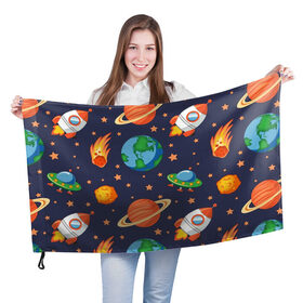 Флаг 3D с принтом Космическое путешествие в Тюмени, 100% полиэстер | плотность ткани — 95 г/м2, размер — 67 х 109 см. Принт наносится с одной стороны | арт | астероид | астероиды | звезда | звёзды | земля | космос | планета | планеты | ракета | ракеты | рисунок | сатурн | фобас