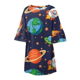 Детское платье 3D с принтом Космическое путешествие в Тюмени, 100% полиэстер | прямой силуэт, чуть расширенный к низу. Круглая горловина, на рукавах — воланы | Тематика изображения на принте: арт | астероид | астероиды | звезда | звёзды | земля | космос | планета | планеты | ракета | ракеты | рисунок | сатурн | фобас