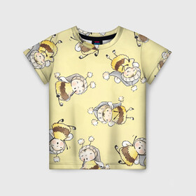 Детская футболка 3D с принтом Сонные пчёлки в Тюмени, 100% гипоаллергенный полиэфир | прямой крой, круглый вырез горловины, длина до линии бедер, чуть спущенное плечо, ткань немного тянется | арт | белый | детский рисунок | жёлтый | звезда | звёзды | ночь | отдых | пушистые | пушистый | пчелиная шуба | пчелиная шубка | рисунок | сон | спокойной ночи | чёрный | шуба | шубка