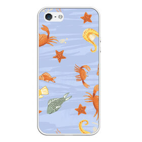 Чехол для iPhone 5/5S матовый с принтом Морские обитатели в Тюмени, Силикон | Область печати: задняя сторона чехла, без боковых панелей | Тематика изображения на принте: арт | жёлтый | звезда | звёзды | коралл | кораллы | краб | крабы | красный | медуза | медузы | море | морская звезда | морские звёзды | морские коньки | морской конёк | песок | рисунок | рыба | рыбы