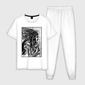 Мужская пижама хлопок с принтом Drawing indian в Тюмени, 100% хлопок | брюки и футболка прямого кроя, без карманов, на брюках мягкая резинка на поясе и по низу штанин
 | black | drawing | indian | индеец | рисунок | черный