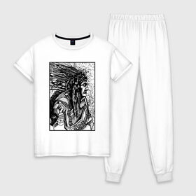 Женская пижама хлопок с принтом Drawing indian в Тюмени, 100% хлопок | брюки и футболка прямого кроя, без карманов, на брюках мягкая резинка на поясе и по низу штанин | black | drawing | indian | индеец | рисунок | черный