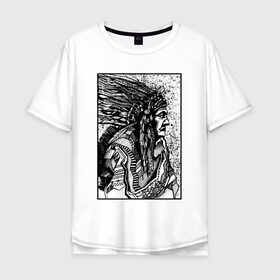 Мужская футболка хлопок Oversize с принтом Drawing indian в Тюмени, 100% хлопок | свободный крой, круглый ворот, “спинка” длиннее передней части | black | drawing | indian | индеец | рисунок | черный