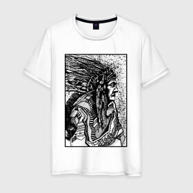 Мужская футболка хлопок с принтом Drawing indian в Тюмени, 100% хлопок | прямой крой, круглый вырез горловины, длина до линии бедер, слегка спущенное плечо. | black | drawing | indian | индеец | рисунок | черный
