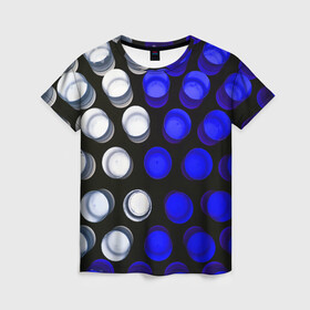 Женская футболка 3D с принтом GGGelt в Тюмени, 100% полиэфир ( синтетическое хлопкоподобное полотно) | прямой крой, круглый вырез горловины, длина до линии бедер | abstraction | blue | circles | light | shapes | white | абстракция | белый | круги | свет | синий | формы