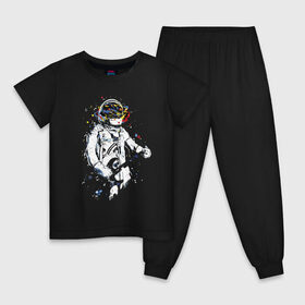 Детская пижама хлопок с принтом Cosmosrock в Тюмени, 100% хлопок |  брюки и футболка прямого кроя, без карманов, на брюках мягкая резинка на поясе и по низу штанин
 | Тематика изображения на принте: astronaut | cosmonaut | cosmos | guitar | music | rock | solo | space | star | астронавт | гитара | звезда | космонавт | космос | музыка | солист