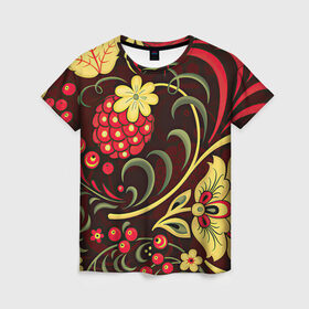 Женская футболка 3D с принтом Хохлома в Тюмени, 100% полиэфир ( синтетическое хлопкоподобное полотно) | прямой крой, круглый вырез горловины, длина до линии бедер | арт | вектор | желтый | зеленый | золотой | красный | малина | народный рисунок | рисунок | хохлома | цветок | цветы | чёрный | ягода | ягоды