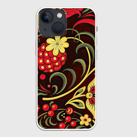 Чехол для iPhone 13 mini с принтом Хохлома в Тюмени,  |  | арт | вектор | желтый | зеленый | золотой | красный | малина | народный рисунок | рисунок | хохлома | цветок | цветы | чёрный | ягода | ягоды