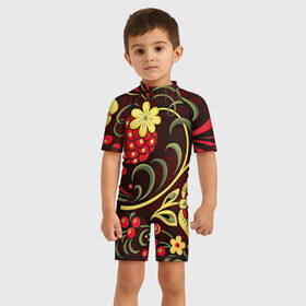 Детский купальный костюм 3D с принтом Хохлома в Тюмени, Полиэстер 85%, Спандекс 15% | застежка на молнии на спине | Тематика изображения на принте: арт | вектор | желтый | зеленый | золотой | красный | малина | народный рисунок | рисунок | хохлома | цветок | цветы | чёрный | ягода | ягоды