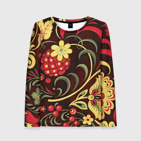 Женский лонгслив 3D с принтом Хохлома в Тюмени, 100% полиэстер | длинные рукава, круглый вырез горловины, полуприлегающий силуэт | арт | вектор | желтый | зеленый | золотой | красный | малина | народный рисунок | рисунок | хохлома | цветок | цветы | чёрный | ягода | ягоды
