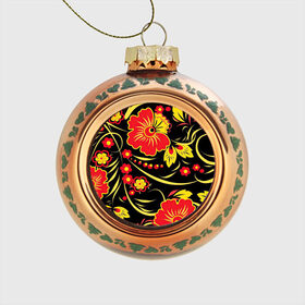 Стеклянный ёлочный шар с принтом Хохлома в Тюмени, Стекло | Диаметр: 80 мм | арт | вектор | желтый | золотой | красный | народный рисунок | рисунок | хохлома | цветок | цветы | чёрный