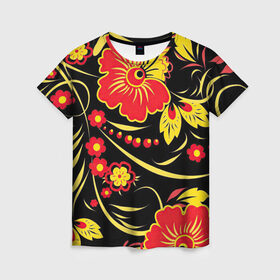 Женская футболка 3D с принтом Хохлома в Тюмени, 100% полиэфир ( синтетическое хлопкоподобное полотно) | прямой крой, круглый вырез горловины, длина до линии бедер | арт | вектор | желтый | золотой | красный | народный рисунок | рисунок | хохлома | цветок | цветы | чёрный