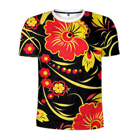 Мужская футболка 3D спортивная с принтом Хохлома в Тюмени, 100% полиэстер с улучшенными характеристиками | приталенный силуэт, круглая горловина, широкие плечи, сужается к линии бедра | арт | вектор | желтый | золотой | красный | народный рисунок | рисунок | хохлома | цветок | цветы | чёрный