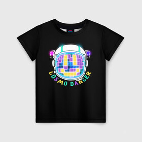 Детская футболка 3D с принтом Cosmo Dancer в Тюмени, 100% гипоаллергенный полиэфир | прямой крой, круглый вырез горловины, длина до линии бедер, чуть спущенное плечо, ткань немного тянется | space | космический | космонавт | космос | неон | разноцветный | танцы