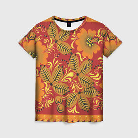 Женская футболка 3D с принтом Хохлома в Тюмени, 100% полиэфир ( синтетическое хлопкоподобное полотно) | прямой крой, круглый вырез горловины, длина до линии бедер | арт | вектор | желтый | зеленый | золотой | красный | народный рисунок | оранжевый | рисунок | хохлома | цветок | цветы | чёрный
