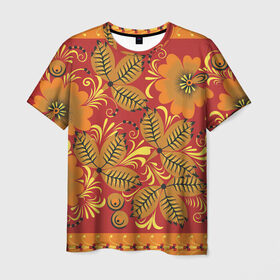 Мужская футболка 3D с принтом Хохлома в Тюмени, 100% полиэфир | прямой крой, круглый вырез горловины, длина до линии бедер | арт | вектор | желтый | зеленый | золотой | красный | народный рисунок | оранжевый | рисунок | хохлома | цветок | цветы | чёрный