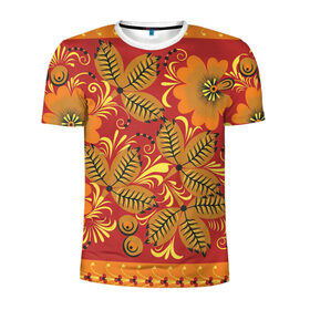 Мужская футболка 3D спортивная с принтом Хохлома в Тюмени, 100% полиэстер с улучшенными характеристиками | приталенный силуэт, круглая горловина, широкие плечи, сужается к линии бедра | арт | вектор | желтый | зеленый | золотой | красный | народный рисунок | оранжевый | рисунок | хохлома | цветок | цветы | чёрный