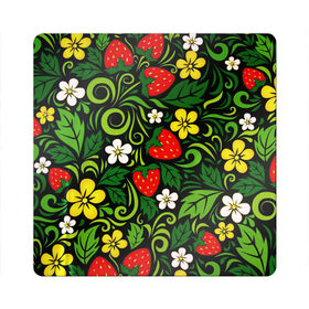 Магнит виниловый Квадрат с принтом Хохлома в Тюмени, полимерный материал с магнитным слоем | размер 9*9 см, закругленные углы | арт | вектор | желтый | зеленый | золотой | клубника | красный | народный рисунок | рисунок | хохлома | цветок | цветы | чёрный | ягода | ягоды