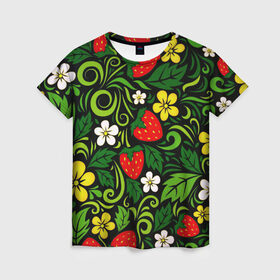 Женская футболка 3D с принтом Хохлома в Тюмени, 100% полиэфир ( синтетическое хлопкоподобное полотно) | прямой крой, круглый вырез горловины, длина до линии бедер | арт | вектор | желтый | зеленый | золотой | клубника | красный | народный рисунок | рисунок | хохлома | цветок | цветы | чёрный | ягода | ягоды