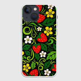 Чехол для iPhone 13 mini с принтом Хохлома в Тюмени,  |  | арт | вектор | желтый | зеленый | золотой | клубника | красный | народный рисунок | рисунок | хохлома | цветок | цветы | чёрный | ягода | ягоды
