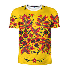 Мужская футболка 3D спортивная с принтом Хохлома в Тюмени, 100% полиэстер с улучшенными характеристиками | приталенный силуэт, круглая горловина, широкие плечи, сужается к линии бедра | арт | вектор | желтый | зеленый | золотой | красный | народный рисунок | рисунок | хохлома | цветок | цветы | чёрный