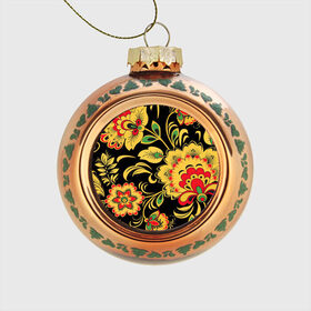 Стеклянный ёлочный шар с принтом Хохлома в Тюмени, Стекло | Диаметр: 80 мм | арт | вектор | желтый | зеленый | золотой | красный | народный рисунок | рисунок | хохлома | цветок | цветы | чёрный
