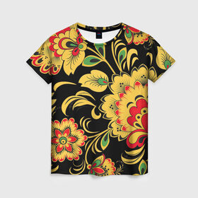 Женская футболка 3D с принтом Хохлома в Тюмени, 100% полиэфир ( синтетическое хлопкоподобное полотно) | прямой крой, круглый вырез горловины, длина до линии бедер | арт | вектор | желтый | зеленый | золотой | красный | народный рисунок | рисунок | хохлома | цветок | цветы | чёрный