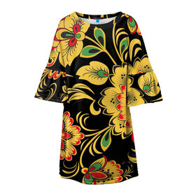 Детское платье 3D с принтом Хохлома в Тюмени, 100% полиэстер | прямой силуэт, чуть расширенный к низу. Круглая горловина, на рукавах — воланы | арт | вектор | желтый | зеленый | золотой | красный | народный рисунок | рисунок | хохлома | цветок | цветы | чёрный