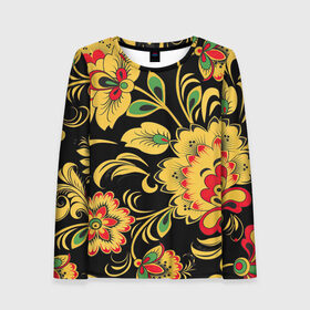 Женский лонгслив 3D с принтом Хохлома в Тюмени, 100% полиэстер | длинные рукава, круглый вырез горловины, полуприлегающий силуэт | арт | вектор | желтый | зеленый | золотой | красный | народный рисунок | рисунок | хохлома | цветок | цветы | чёрный