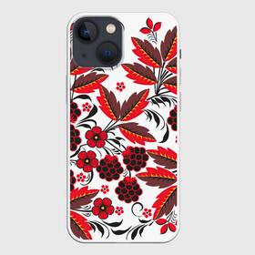 Чехол для iPhone 13 mini с принтом Хохлома в Тюмени,  |  | арт | белый | вектор | красный | народный рисунок | рисунок | хохлома | цветок | цветы | чёрный | ягода | ягоды