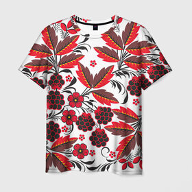 Мужская футболка 3D с принтом Хохлома в Тюмени, 100% полиэфир | прямой крой, круглый вырез горловины, длина до линии бедер | арт | белый | вектор | красный | народный рисунок | рисунок | хохлома | цветок | цветы | чёрный | ягода | ягоды