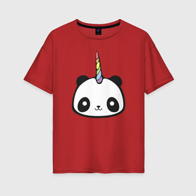 Женская футболка хлопок Oversize с принтом Панда-единорог в Тюмени, 100% хлопок | свободный крой, круглый ворот, спущенный рукав, длина до линии бедер
 | единорог | милая пандочка | панда | панда единорог | панда единорожка | панда с рогом | пандочка | пандочка единорог | пандочка единорожка