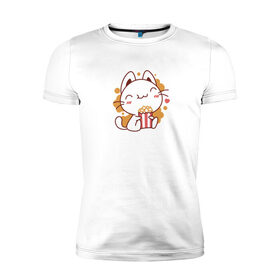 Мужская футболка хлопок Slim с принтом Поп-корн и кот в Тюмени, 92% хлопок, 8% лайкра | приталенный силуэт, круглый вырез ворота, длина до линии бедра, короткий рукав | popcorn | кино | кот | кошка | поп корн | попкорн