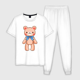 Мужская пижама хлопок с принтом Pixel Bear в Тюмени, 100% хлопок | брюки и футболка прямого кроя, без карманов, на брюках мягкая резинка на поясе и по низу штанин
 | Тематика изображения на принте: bear | pixel | pixel bear | медведь | милый медведь | милый мишка | мишка | пиксельный медведь | пиксельный плюшевый мишка | плюшевый медведь | плюшевый мишка