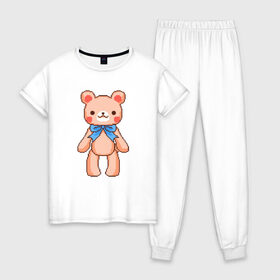 Женская пижама хлопок с принтом Pixel Bear в Тюмени, 100% хлопок | брюки и футболка прямого кроя, без карманов, на брюках мягкая резинка на поясе и по низу штанин | bear | pixel | pixel bear | медведь | милый медведь | милый мишка | мишка | пиксельный медведь | пиксельный плюшевый мишка | плюшевый медведь | плюшевый мишка