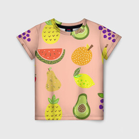 Детская футболка 3D с принтом Фруктики в Тюмени, 100% гипоаллергенный полиэфир | прямой крой, круглый вырез горловины, длина до линии бедер, чуть спущенное плечо, ткань немного тянется | авокадо | ананас | апельсин | арбуз | виноград | груша | лимон | фрукт