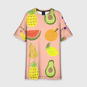 Детское платье 3D с принтом Фруктики в Тюмени, 100% полиэстер | прямой силуэт, чуть расширенный к низу. Круглая горловина, на рукавах — воланы | Тематика изображения на принте: авокадо | ананас | апельсин | арбуз | виноград | груша | лимон | фрукт