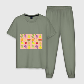 Мужская пижама хлопок с принтом Фруктики в Тюмени, 100% хлопок | брюки и футболка прямого кроя, без карманов, на брюках мягкая резинка на поясе и по низу штанин
 | авокадо | ананас | апельсин | арбуз | виноград | груша | лимон | фрукт