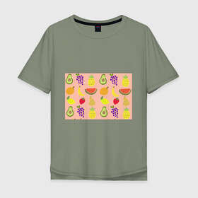 Мужская футболка хлопок Oversize с принтом Фруктики в Тюмени, 100% хлопок | свободный крой, круглый ворот, “спинка” длиннее передней части | Тематика изображения на принте: авокадо | ананас | апельсин | арбуз | виноград | груша | лимон | фрукт