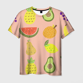 Мужская футболка 3D с принтом Фруктики в Тюмени, 100% полиэфир | прямой крой, круглый вырез горловины, длина до линии бедер | Тематика изображения на принте: авокадо | ананас | апельсин | арбуз | виноград | груша | лимон | фрукт