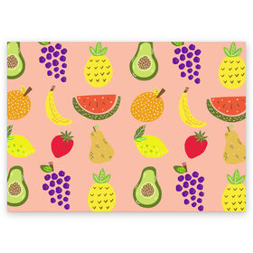 Поздравительная открытка с принтом Фруктики в Тюмени, 100% бумага | плотность бумаги 280 г/м2, матовая, на обратной стороне линовка и место для марки
 | авокадо | ананас | апельсин | арбуз | виноград | груша | лимон | фрукт