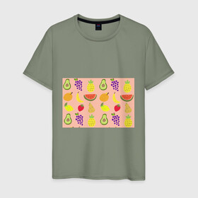 Мужская футболка хлопок с принтом Фруктики в Тюмени, 100% хлопок | прямой крой, круглый вырез горловины, длина до линии бедер, слегка спущенное плечо. | авокадо | ананас | апельсин | арбуз | виноград | груша | лимон | фрукт