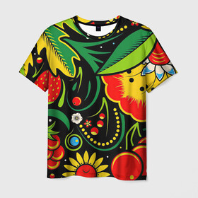 Мужская футболка 3D с принтом Хохлома в Тюмени, 100% полиэфир | прямой крой, круглый вырез горловины, длина до линии бедер | арт | вектор | желтый | зеленый | золотой | клубника | клюква | красный | малина | народный рисунок | рисунок | хохлома | цветок | цветы | чёрный | ягода | ягоды