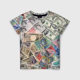 Детская футболка 3D с принтом Деньги в Тюмени, 100% гипоаллергенный полиэфир | прямой крой, круглый вырез горловины, длина до линии бедер, чуть спущенное плечо, ткань немного тянется | арт | банкноты | валюта | деньги | доллары | зеленый | иена | красный | серый | синий | фунт стерлингов | юани