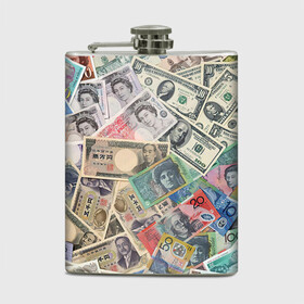 Фляга с принтом Деньги в Тюмени, металлический корпус | емкость 0,22 л, размер 125 х 94 мм. Виниловая наклейка запечатывается полностью | арт | банкноты | валюта | деньги | доллары | зеленый | иена | красный | серый | синий | фунт стерлингов | юани