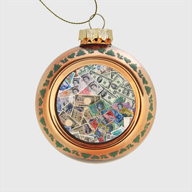 Стеклянный ёлочный шар с принтом Деньги в Тюмени, Стекло | Диаметр: 80 мм | арт | банкноты | валюта | деньги | доллары | зеленый | иена | красный | серый | синий | фунт стерлингов | юани