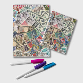 Блокнот с принтом Деньги в Тюмени, 100% бумага | 48 листов, плотность листов — 60 г/м2, плотность картонной обложки — 250 г/м2. Листы скреплены удобной пружинной спиралью. Цвет линий — светло-серый
 | арт | банкноты | валюта | деньги | доллары | зеленый | иена | красный | серый | синий | фунт стерлингов | юани
